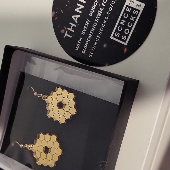 James Webb Chic Gold Hexagon Mirror Acrylic Earrings - Picture 2 of 2